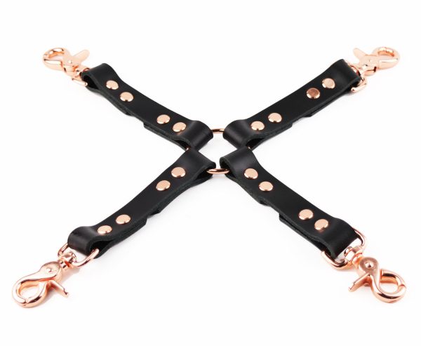 Heavy Duty Leather Cross Hog Tie Connector - Black Leather & Rose Gold Hardware