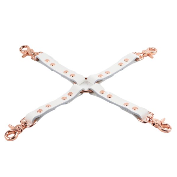 Heavy Duty Leather Cross Hog Tie Connector - White Leather & Rose Gold Hardware