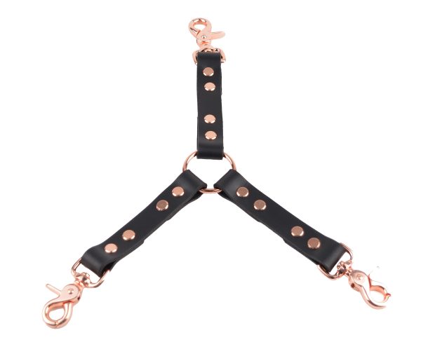 Heavy Duty Leather Three Way Bondage Connector - Black Leather & Rose Gold Hardware
