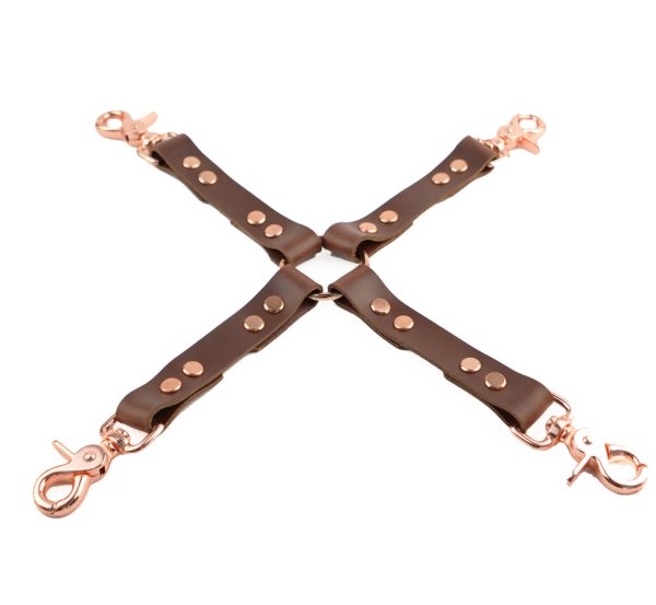 Leather Cross Hog Tie Connector - Brown & Rose Gold