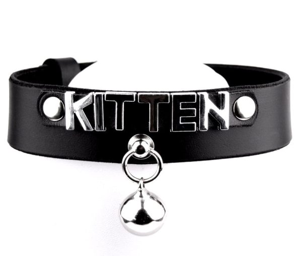 Custom Small Lettering Black Leather Collar With Kitten Bell – 'Kitten'