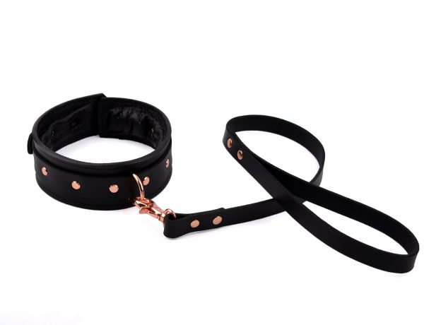 Premium Padded Leather Bondage Collar & Leash - Black & Rose Gold