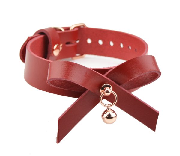 Americana Red Leather Bow Collar with Rose Gold Kitten Bell