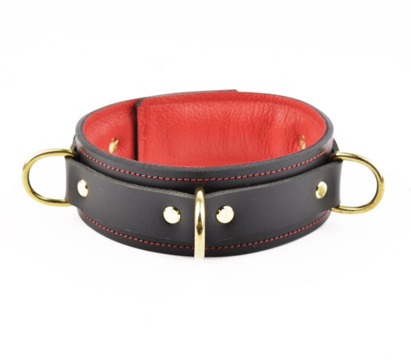 Black & Americana Red And Gold Three Ring Padded Leather Bondage Collar