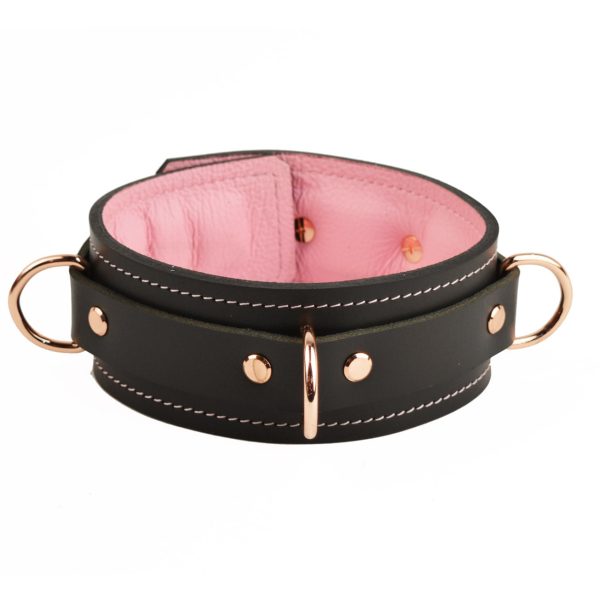 Black & Blush Pink Premium Padded Leather Bondage Collar With Rose Gold Hardware