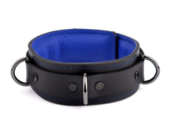 Black & Dark Blue Premium Heavy Duty Padded Leather Bondage Collar