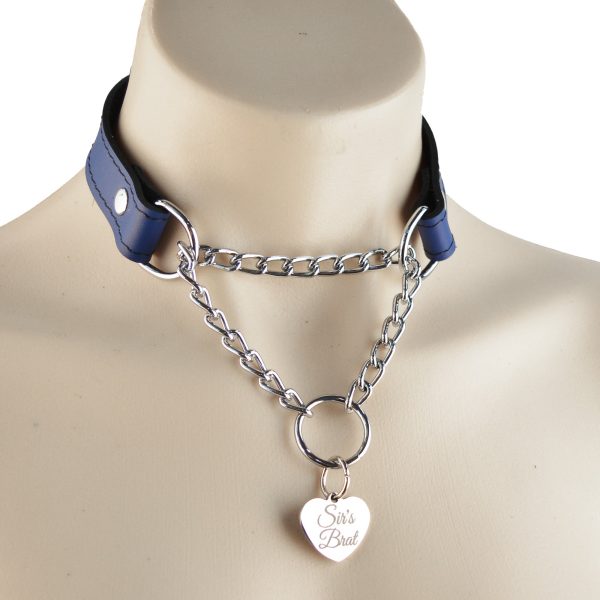 Deep Blue Custom Engraved Leather Martingale Day Collar - Silver Love Heart Pendant