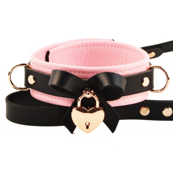Premium Blush Pink Leather BDSM Bow Collar with Love Heart Lock Pendant