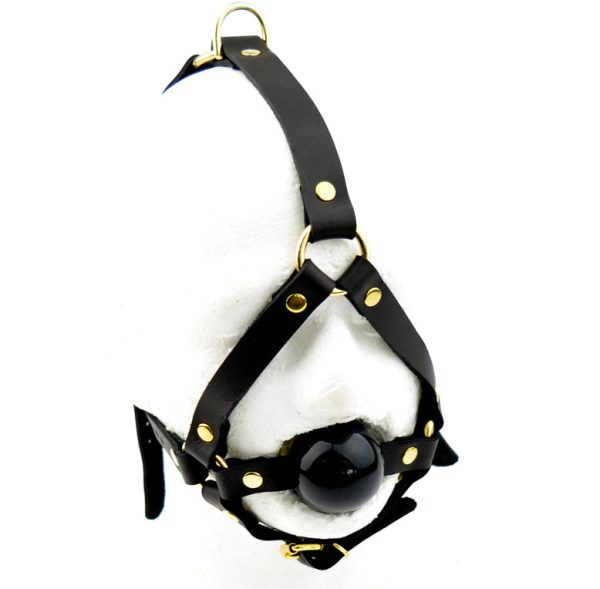 Black Head Harness Ball Gag - Black Ball With Gold Hardware