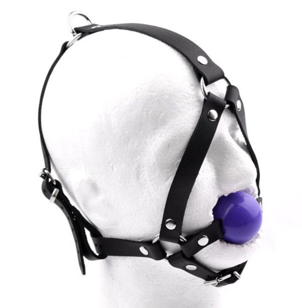 Black Head Harness Ball Gag - Purple Ball