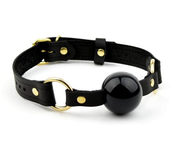 Black Leather Premium Single Strap Ball Gag - Black Ball with Gold Hardware