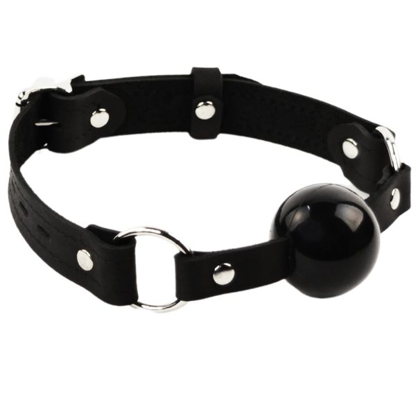 Black Leather & Steel Premium Single Strap Ball Gag - Black Ball