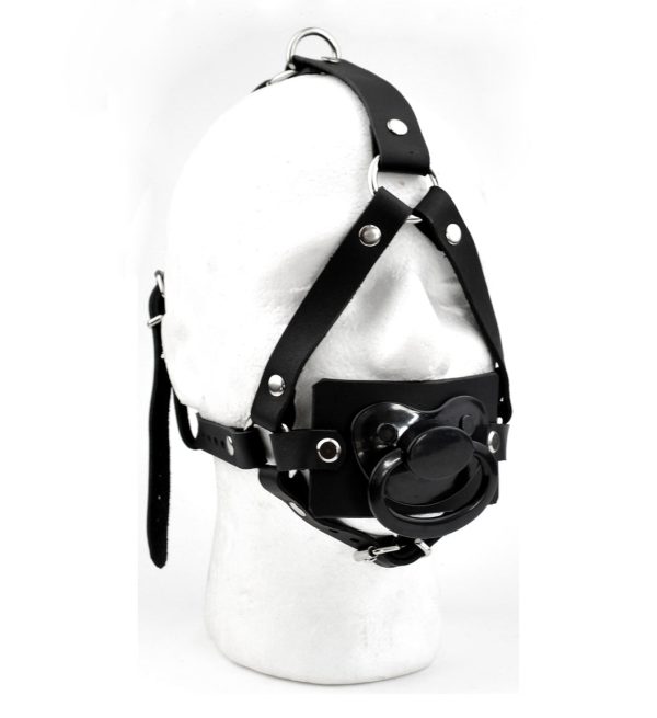 Leather Dummy Panel Gag Head harness - Black with Black Dummy