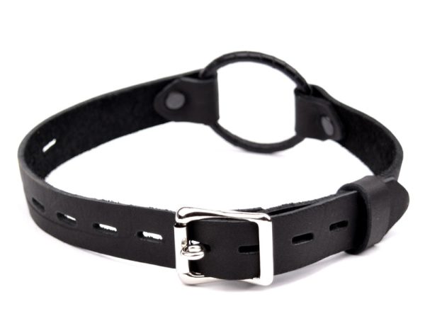 Single Strap Leather Open Mouth Ring Gag - Black Ring