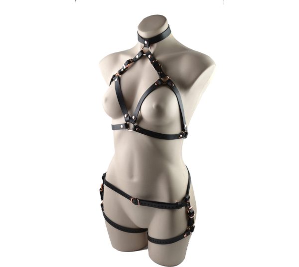 Black Leather & Rose Gold Aurum Choker Collar Bra & Lower Body Harness Set