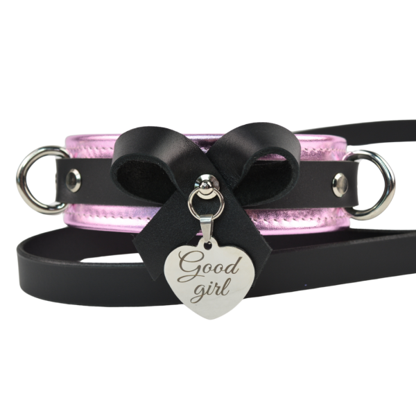 Pink Metallic Leather Premium Bow Collar with Custom Engraved Silver Pendant and Leash